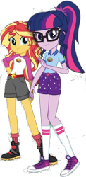 Size: 710x1460 | Tagged: safe, editor:php77, sci-twi, sunset shimmer, twilight sparkle, equestria girls, legend of everfree, belt, boots, camp everfree outfits, clothes, converse, glasses, hand on butt, looking at you, ponytail, raised leg, shoes, simple background, sneakers, socks, sun, transparent background