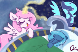 Size: 4200x2800 | Tagged: safe, artist:dreamscapevalley, princess celestia, princess luna, alicorn, pony, bed, cewestia, cute, cutelestia, ear fluff, eyes closed, filly, lullaby, lullaby for a princess, lunabetes, magic, royal sisters, singing, sleeping, sweet dreams fuel, woona, younger
