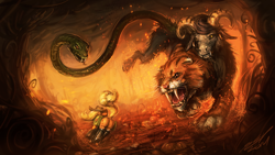 Size: 1920x1080 | Tagged: safe, artist:assasinmonkey, applejack, chimera sisters, chimera, earth pony, pony, somepony to watch over me, badass, color porn, dock, epic, female, fight, fire, fire swamp, fireproof boots, hat, mare, multiple heads, plot, realistic, scene interpretation, technical advanced, that was fast, three heads, wallpaper