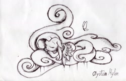 Size: 2802x1811 | Tagged: safe, artist:otto720, fluttershy, butterfly, pegasus, pony, cloud, monochrome, sleeping, solo, traditional art