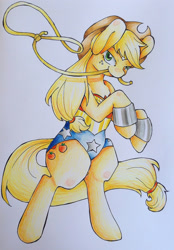 Size: 1280x1837 | Tagged: safe, artist:sk-ree, applejack, earth pony, pony, cosplay, lasso, mouth hold, rearing, solo, traditional art, wonder woman, wonderjack