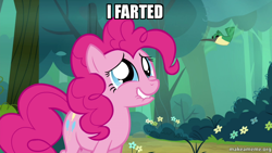 Size: 800x450 | Tagged: safe, edit, edited screencap, screencap, pinkie pie, earth pony, pony, maud pie (episode), caption, forced meme, image macro, implied farting, meme, solo, text