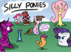 Size: 1100x800 | Tagged: safe, artist:kymsnowman, applejack, fluttershy, minuette, pinkie pie, rarity, scootaloo, twilight sparkle, unicorn twilight, chicken, pony, unicorn, bridle gossip, green isn't your color, hurricane fluttershy, over a barrel, stare master, alternate hairstyle, bacon, bacon hair, breaking the fourth wall, dark matter, dark matter applejack, dendrification, female, fluttertree, fourth wall, karate, mare, marshmallow, rarity is a marshmallow, scootachicken, silly, silly pony, species swap, toothpaste, tree, wat