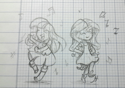 Size: 1280x907 | Tagged: safe, artist:chautung, sunset shimmer, twilight sparkle, equestria girls, dancing, eyes closed, female, graph paper, happy, lesbian, music notes, shipping, sketch, sunsetsparkle, traditional art