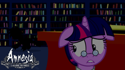 Size: 1191x670 | Tagged: safe, artist:navitaserussirus, derpibooru import, twilight sparkle, alternate hairstyle, amnesia, amnesia a machine for pigs, clothes, crossdressing, crossover, darkness, glasses, hiding, library, mandus, pig pony, scared, solo