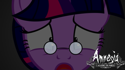 Size: 1191x670 | Tagged: safe, artist:navitaserussirus, derpibooru import, twilight sparkle, alternate hairstyle, amnesia, amnesia a machine for pigs, crossdressing, crossover, darkness, glasses, mandus, scared, solo