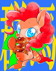 Size: 704x895 | Tagged: safe, artist:29axa, pinkie pie, earth pony, pony, cute, dango, diapinkes, eating, food, pixiv, solo