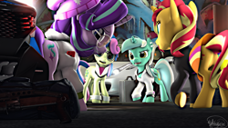 Size: 3840x2160 | Tagged: safe, artist:whiteskyline, bon bon, lyra heartstrings, starlight glimmer, sunset shimmer, sweetie drops, pony, unicorn, 3d, badass, bags, bugatti, clothes, digital art, ferrari, ferrari 458 italia, gun, shotgun, source filmmaker, spas-12, street art, suit, weapon