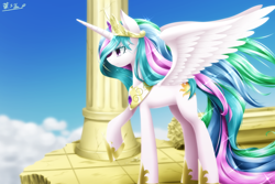 Size: 1020x680 | Tagged: safe, artist:hashioaryut, princess celestia, alicorn, pony, crown, female, horn, mare, multicolored mane, multicolored tail, solo, white coat, white wings, wings