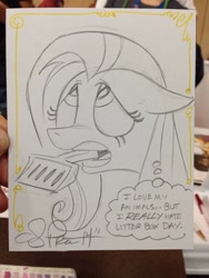 Size: 768x1024 | Tagged: safe, artist:andypriceart, fluttershy, pegasus, pony, litterbox, solo, traditional art, word of price