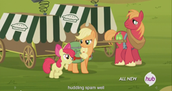 Size: 1440x762 | Tagged: safe, screencap, apple bloom, applejack, big macintosh, earth pony, pony, somepony to watch over me, male, meme, stallion, youtube caption