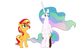 Size: 8000x5000 | Tagged: safe, artist:davidsfire, artist:sunshi, edit, editor:slayerbvc, princess celestia, sunset shimmer, alicorn, unicorn, equestria girls, horse play, mirror magic, spoiler:eqg specials, absurd resolution, accessory-less edit, barehoof, bipedal, female, in the human world for too long, mare, missing accessory, ponies sitting like humans, simple background, sitlestia, sitting, stool, transparent background