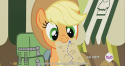 Size: 1440x762 | Tagged: safe, screencap, applejack, earth pony, pony, somepony to watch over me, hub logo, meme, mouth hold, solo, youtube caption