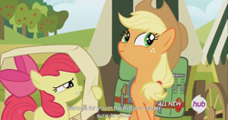 Size: 1440x762 | Tagged: safe, screencap, apple bloom, applejack, earth pony, pony, somepony to watch over me, meme, youtube caption