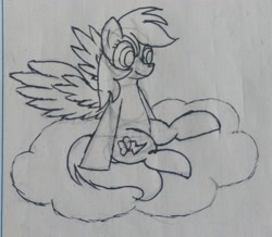 Size: 2368x2061 | Tagged: safe, artist:twinblade edge, derpibooru import, rainbow dash, pegasus, pony, cloud, monochrome, sitting, smiling, solo, spread legs, spread wings, spreading, traditional art, wings