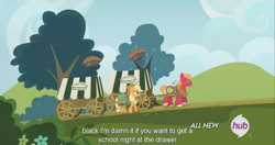 Size: 1440x762 | Tagged: safe, screencap, applejack, big macintosh, earth pony, pony, somepony to watch over me, male, meme, stallion, youtube caption