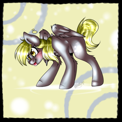 Size: 699x697 | Tagged: safe, artist:tehgamingcherryyt, derpy hooves, pegasus, pony, abstract background, blushing, female, mare, solo, spread wings, tongue out