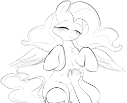 Size: 1034x841 | Tagged: safe, artist:dotkwa, fluttershy, human, pegasus, pony, belly fluff, bellyrubs, black and white, blushing, chest fluff, cute, eyes closed, female, grayscale, happy, mare, monochrome, offscreen character, on back, smiling, spread wings, wings