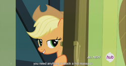 Size: 1440x762 | Tagged: safe, screencap, applejack, earth pony, pony, somepony to watch over me, all new, door, hub logo, meme, solo, text, youtube caption