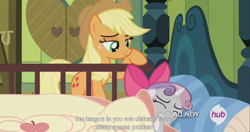 Size: 1440x762 | Tagged: safe, screencap, applejack, sweetie belle, earth pony, pony, somepony to watch over me, hub logo, meme, youtube caption