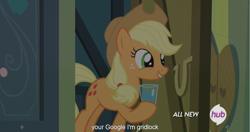 Size: 1441x762 | Tagged: safe, screencap, applejack, earth pony, pony, somepony to watch over me, all new, google, hub logo, meme, solo, text, youtube caption