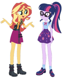 Size: 1094x1349 | Tagged: safe, editor:php77, sci-twi, sunset shimmer, twilight sparkle, better together, equestria girls, boots, bowtie, clothes, cute, geode of empathy, geode of telekinesis, glasses, high heel boots, jacket, leather jacket, looking at each other, magical geodes, open mouth, ponytail, shoes, simple background, skirt, socks, transparent background, twiabetes