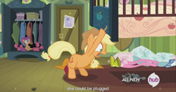 Size: 1440x762 | Tagged: safe, screencap, applejack, scootaloo, smarty pants, earth pony, pony, somepony to watch over me, hub logo, meme, under the bed, youtube caption