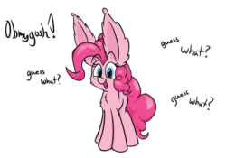 Size: 896x627 | Tagged: safe, artist:heir-of-rick, pinkie pie, earth pony, pony, :3, animated, blushing, cheek fluff, chest fluff, cute, dialogue, diapinkes, ear fluff, eyes closed, floppy ears, fluffy, fourth wall, grin, hoofprints, impossibly large ears, looking at you, open mouth, simple background, smiling, solo, underhoof, white background