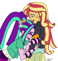 Size: 1080x1124 | Tagged: safe, artist:verumtee, aria blaze, sunset shimmer, comic:aria's archives, series:sciset diary, equestria girls, rainbow rocks, blushing, clothes, eyes closed, female, hug, jacket, lesbian, shipping, simple background, smiling, sunblaze, transparent background