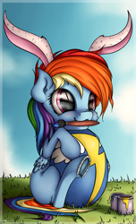 Size: 2082x3435 | Tagged: safe, artist:neko-me, derpibooru import, rainbow dash, pegasus, pony, bucket, bunny ears, cute, easter, easter egg, egg, filly, filly rainbow dash, horseshoes, mouth hold, paintbrush, solo, underhoof