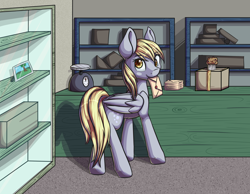 Size: 3234x2508 | Tagged: dead source, safe, artist:itresad, derpy hooves, pegasus, pony, cute, envelope, female, food, indoors, letter, mailmare, mare, mouth hold, muffin, post office, snack, solo, tail