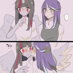 Size: 1134x1134 | Tagged: safe, artist:twilightglimmer, starlight glimmer, twilight sparkle, twilight sparkle (alicorn), alicorn, human, 2 panel comic, alicorn humanization, blushing, comic, female, horned humanization, humanized, kiss on the cheek, kissing, lesbian, shipping, twistarlight, winged humanization, wings