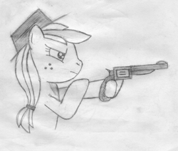 Size: 730x619 | Tagged: safe, artist:mane-shaker, applejack, earth pony, pony, bipedal, gun, hat, monochrome, revolver, solo, traditional art, weapon