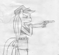 Size: 811x754 | Tagged: safe, artist:mane-shaker, applejack, anthro, gun, hat, monochrome, pencil drawing, revolver, solo, traditional art, weapon