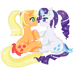 Size: 2895x2895 | Tagged: safe, artist:audra-hime, applejack, rarity, earth pony, pony, unicorn, alternate hairstyle, blushing, female, lesbian, rarijack, shipping, simple background, transparent background