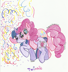 Size: 1571x1666 | Tagged: safe, artist:enigmaticfrustration, derpibooru import, pinkie pie, twilight sparkle, earth pony, pony, female, lesbian, shipping, traditional art, twinkie