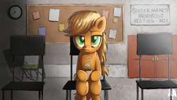 Size: 1920x1080 | Tagged: safe, artist:rouletteobsidian, applejack, earth pony, pony, classroom, coffee, dark, drink, looking at you, scene parody, sitting, sleepy, solo