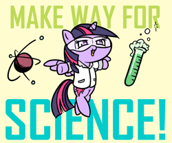 Size: 3000x2500 | Tagged: safe, artist:doggonepony, derpibooru import, twilight sparkle, twilight sparkle (alicorn), alicorn, pony, atom, bipedal, chibi, clothes, cute, lab coat, open mouth, safety goggles, science, simple background, solo, test tube, text, that pony sure does love science, twiabetes