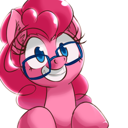 Size: 1280x1280 | Tagged: safe, artist:luciferamon, pinkie pie, earth pony, pony, adorkable, bust, colored pupils, cute, diapinkes, dork, ear fluff, glasses, grin, looking at you, portrait, simple background, smiling, solo, toothy grin, white background