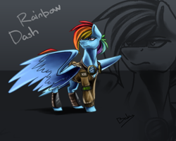 Size: 1024x819 | Tagged: safe, artist:bakud, derpibooru import, rainbow dash, pegasus, pony, clothes, female, goggles, jacket, looking up, mare, solo, text, zoom layer