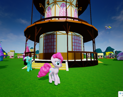 Size: 1049x829 | Tagged: safe, screencap, lyra heartstrings, pinkie pie, thunderlane, earth pony, pony, 3d, female, mare, oculus rift, ponyville, ponyville town hall, ponyvrville, town hall