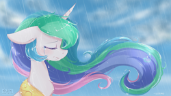 Size: 1920x1080 | Tagged: safe, artist:mrsremi, princess celestia, alicorn, pony, crying, cute, cutelestia, rain, sad, solo