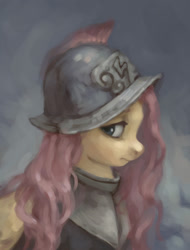 Size: 1584x2088 | Tagged: safe, artist:exclusionzone, fluttershy, private pansy, pegasus, pony, hearth's warming eve (episode), armor, bust, hearth's warming eve, helmet, looking at you, looking sideways, portrait, profile, solo