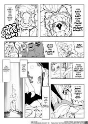 Size: 1144x1600 | Tagged: safe, artist:sung and ama, applejack, granny smith, earth pony, pony, applejack and the beanstalk, barney the dinosaur, comic, doujin, grimace, mcdonaldland, monochrome, teletubbies, translation