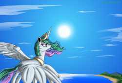 Size: 2045x1400 | Tagged: safe, artist:bluenight01, princess celestia, alicorn, pony, female, flying, horn, mare, multicolored mane, solo, white coat