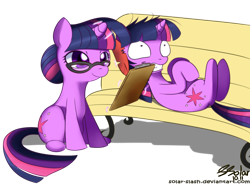 Size: 1100x808 | Tagged: safe, artist:solar-slash, derpibooru import, twilight sparkle, bench, clipboard, duality, glasses, self ponidox, solo, therapy, twilight snapple