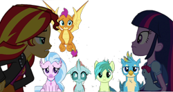 Size: 2040x1082 | Tagged: safe, artist:php77, editor:php77, gallus, ocellus, sandbar, silverstream, smolder, sunset shimmer, twilight sparkle, equestria girls, non-compete clause, family, fight, simple background, transparent background