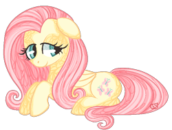 Size: 700x525 | Tagged: safe, artist:gingersnaap, fluttershy, pegasus, pony, floppy ears, lying, smiling, solo