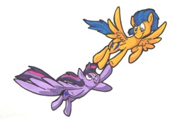 Size: 1024x689 | Tagged: safe, artist:frankilew, derpibooru import, flash sentry, twilight sparkle, twilight sparkle (alicorn), alicorn, pony, female, flashlight, flying, male, mare, shipping, straight, traditional art