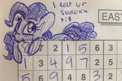 Size: 1137x758 | Tagged: safe, artist:grayflower, pinkie pie, earth pony, pony, monochrome, nom, solo, sudoku, traditional art